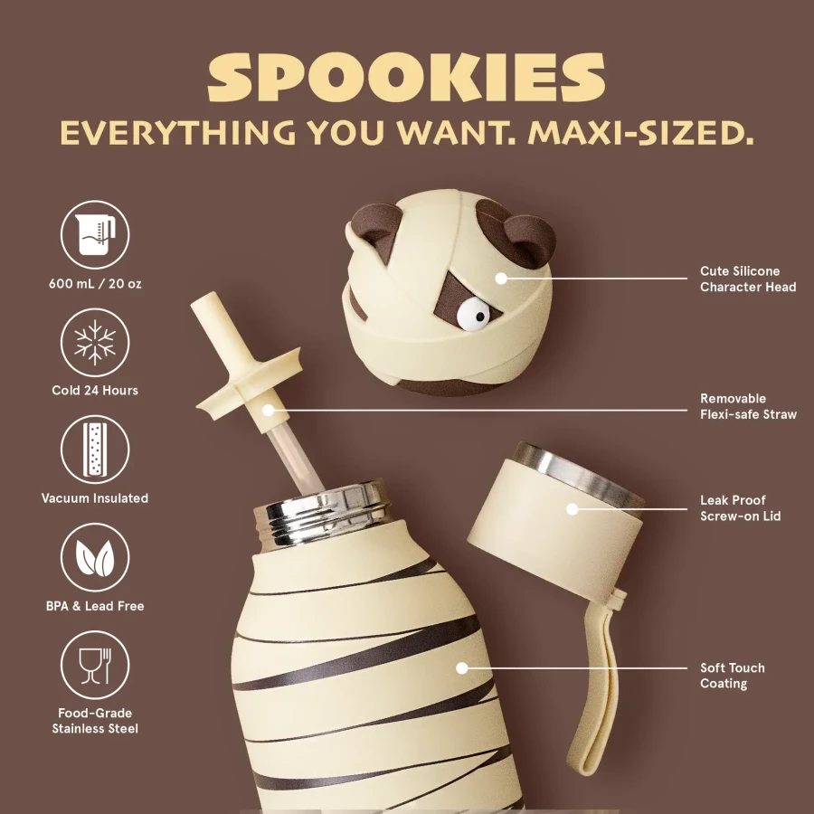 Butelka termiczna ze słomką Maxi Spookie, 660 ml - Mummified Bear / Asobu Halloween