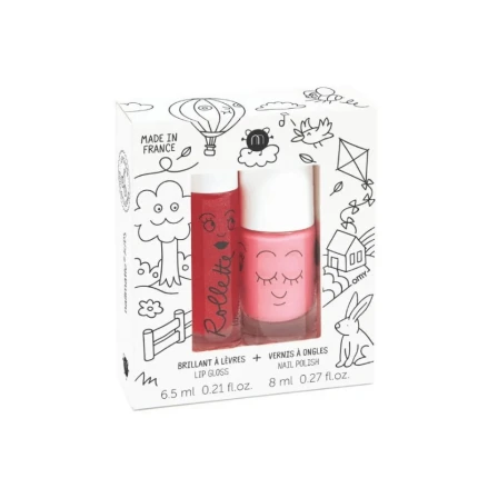 Zestaw lakier do paznokci + błyszczyk do ust dla dzieci, 8 ml + 6,5 ml - Cookie i Rollette Truskawka / Nailmatic