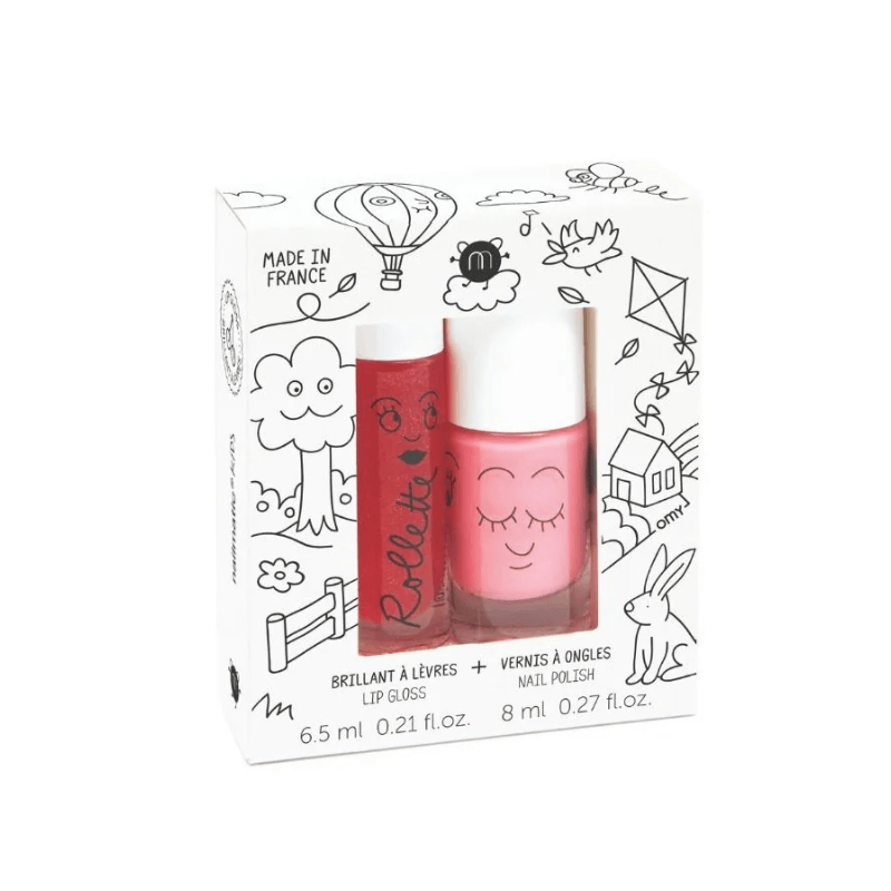Zestaw lakier do paznokci + błyszczyk do ust dla dzieci, 8 ml + 6,5 ml - Cookie i Rollette Truskawka / Nailmatic