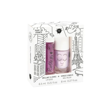 Zestaw lakier do paznokci + błyszczyk do ust dla dzieci, 8 ml + 6,5 ml - Elliot i Rollette Jeżyna / Nailmatic