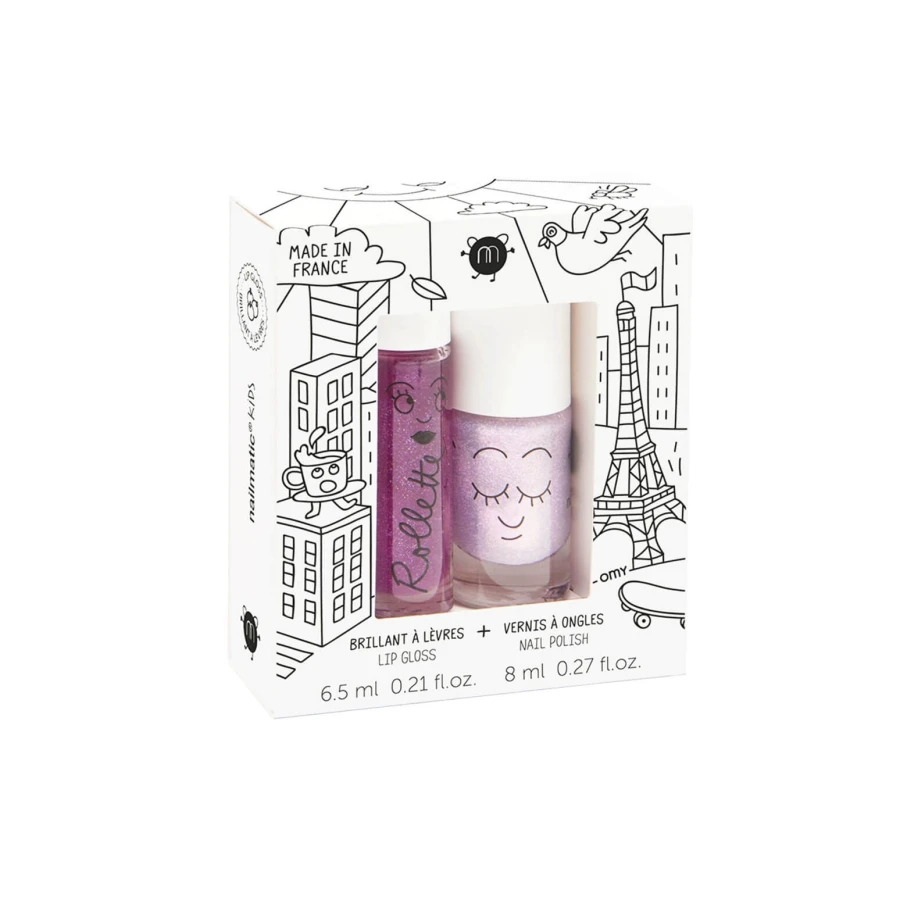 Zestaw lakier do paznokci + błyszczyk do ust dla dzieci, 8 ml + 6,5 ml - Elliot i Rollette Jeżyna / Nailmatic