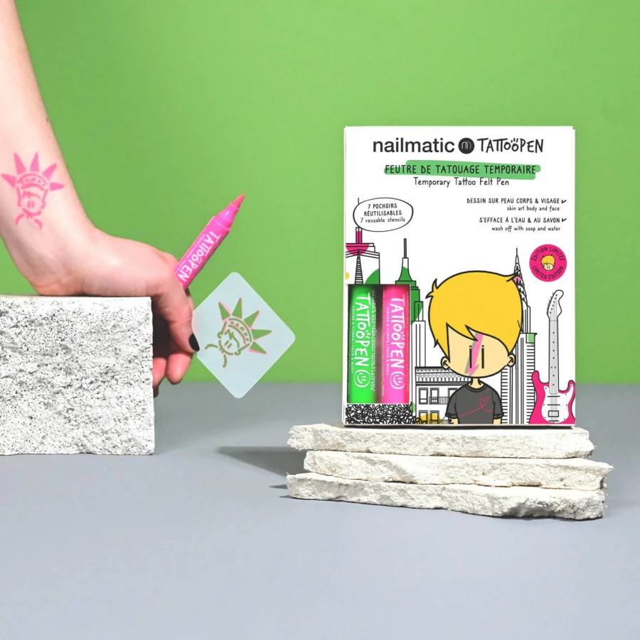 Zmywalne markery do ciała dla dzieci z szablonami do tatuaży - Zielony i Różowy / Nailmatic