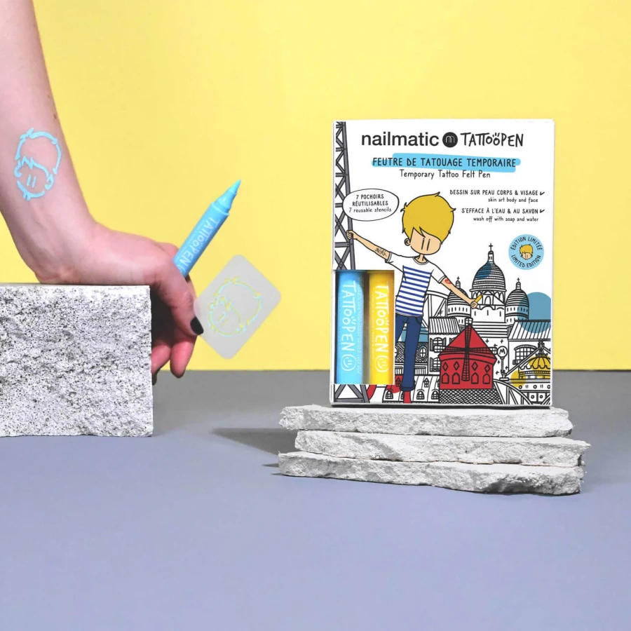 Zmywalne markery do ciała dla dzieci z szablonami do tatuaży - Żółty i Niebieski / Nailmatic