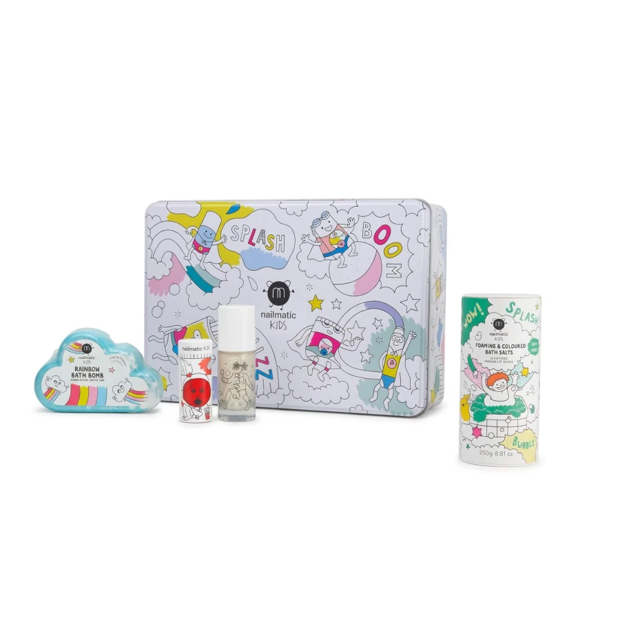 Zestaw prezentowy z kosmetykami dla dzieci Magic Box Rainbow - Lakier, Roll-on z Brokatem, Sól i Kula do Kąpieli / Nailmatic
