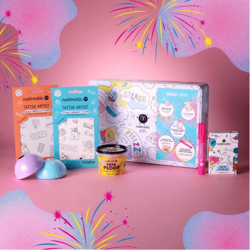 Zestaw prezentowy z kosmetykami dla dzieci Magic Box Blue - Kule, Myjąca Ciastolina i Tatuaże / Nailmatic