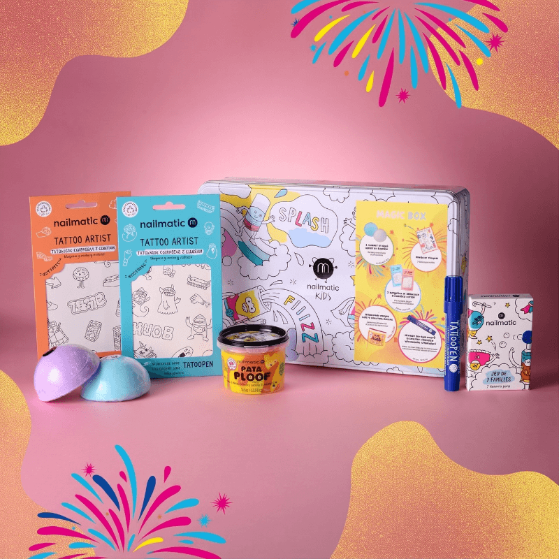 Zestaw prezentowy z kosmetykami dla dzieci Magic Box Yellow - Kule, Myjąca Ciastolina i Tatuaże / Nailmatic