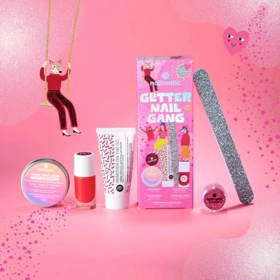 Zestaw do Manicure Glitter Nail Gang, Czerwony Lakier i Różowy Brokat / Nailmatic