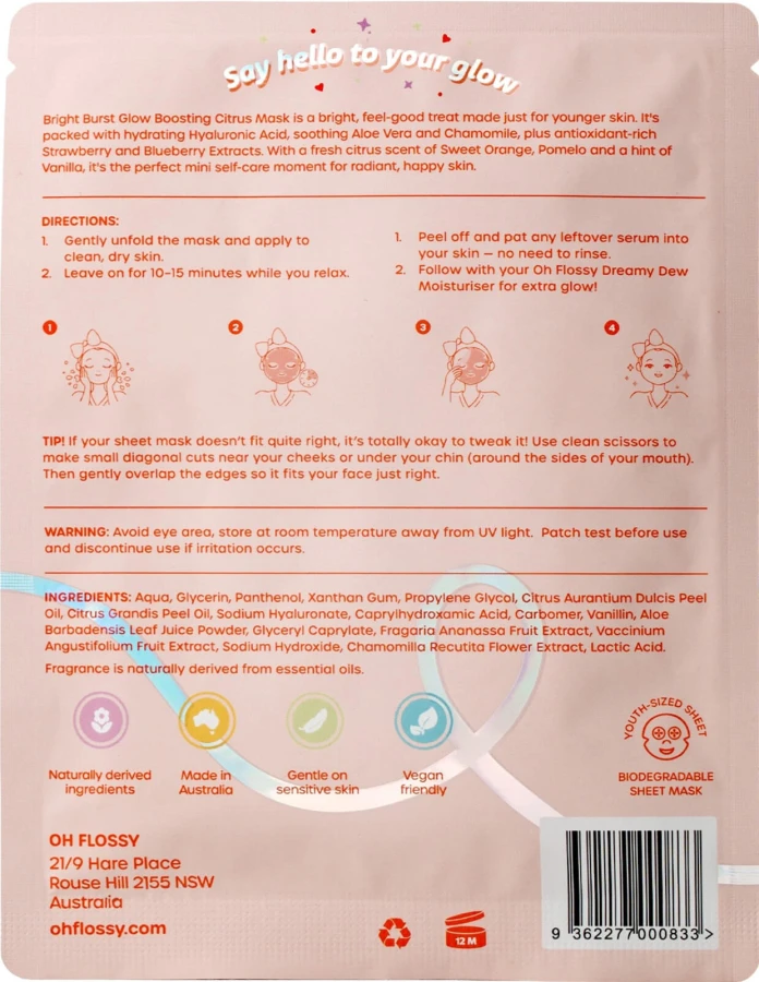 Nawilżająca maska w płachcie Bright Burst dla Dzieci i Nastolatków / Oh Flossy