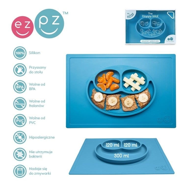 Silikonowy talerzyk z podkładką 2w1 Happy Mat niebieski / EZPZ