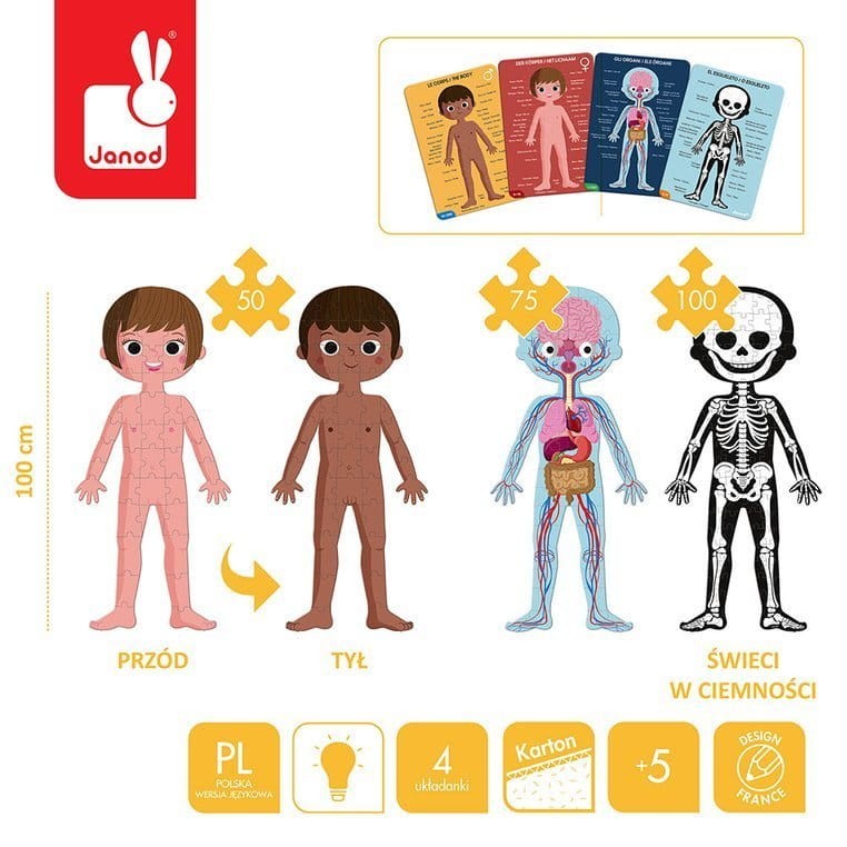 Puzzle edukacyjne Ciało człowieka 50, 75 i 100 elementów 5 + / Janod