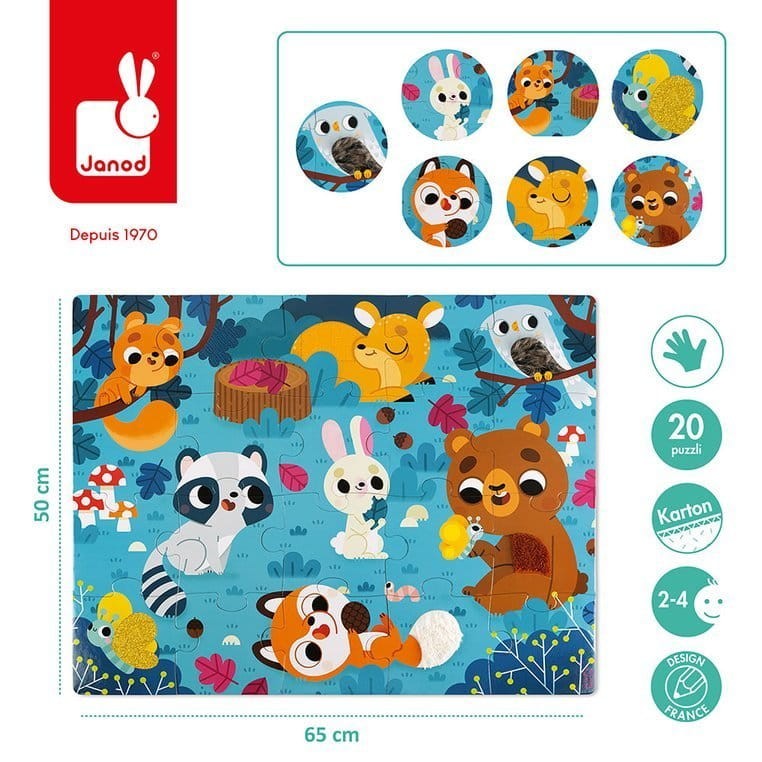 Puzzle sensoryczne 20 elementów Leśne zwierzęta / Janod