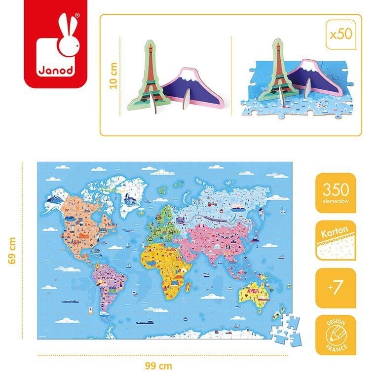 Puzzle edukacyjne z figurkami 3D Cuda świata 350 elementów 7 + / Janod