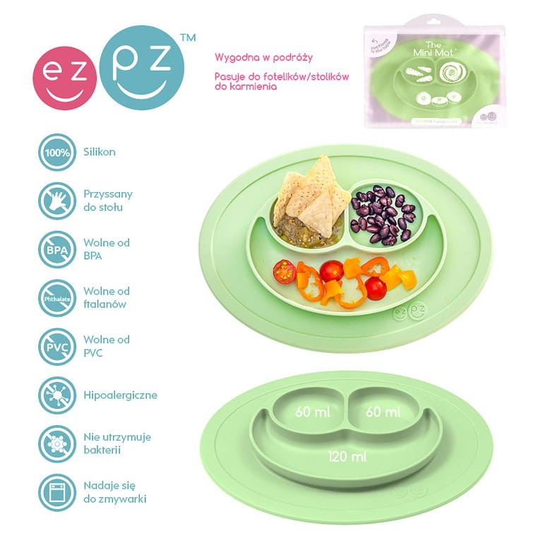 Silikonowy talerzyk z podkładką mały 2w1 Mini Mat pastelowa zieleń / EZPZ
