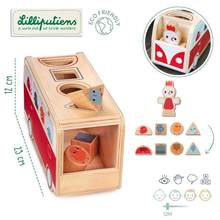 Drewniany autobus - sorter z 4 kurczaczkami Kokoszka Paulette 12 m+ / Lilliputiens