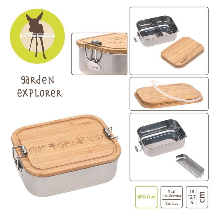 Lunchbox ze stali nierdzewnej z bambusową pokrywką - Garden Explorer / Lassig