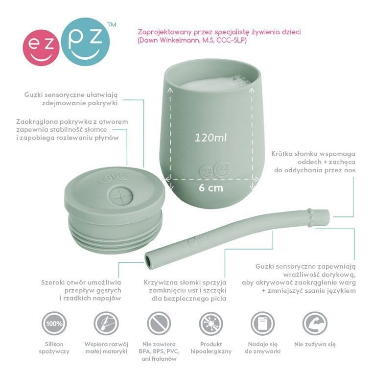 Silikonowy kubeczek ze słomką Mini Cup + Straw Training System 120 ml pastelowa zieleń / EZPZ