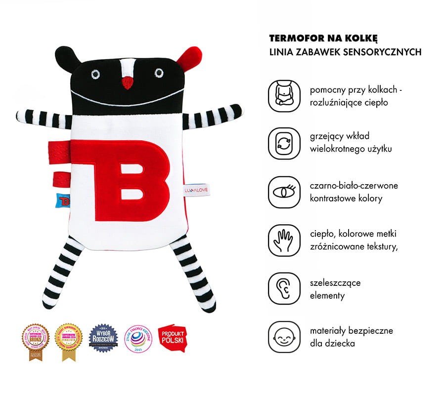 Super Zabawka MrB - przytulanka/termofor na kolkę, kontrastowe kolory / Lullalove