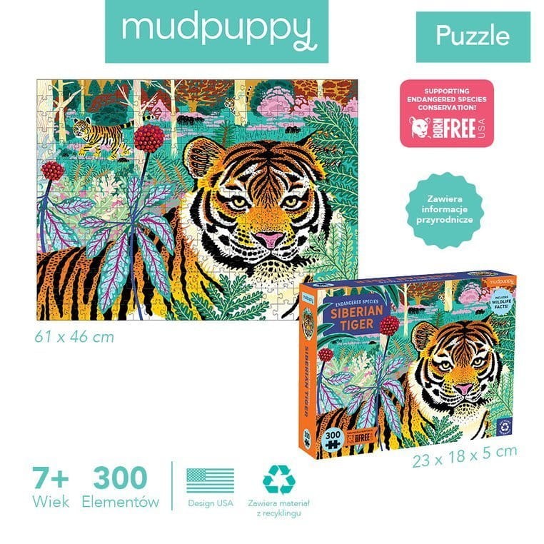 Puzzle edukacyjne Zagrożone gatunki - Tygrys syberyjski 300 elementów 7+ / Mudpuppy