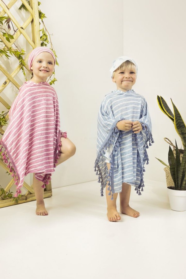 Lniane poncho plażowe z kapturem - różowe paski / Kidspace