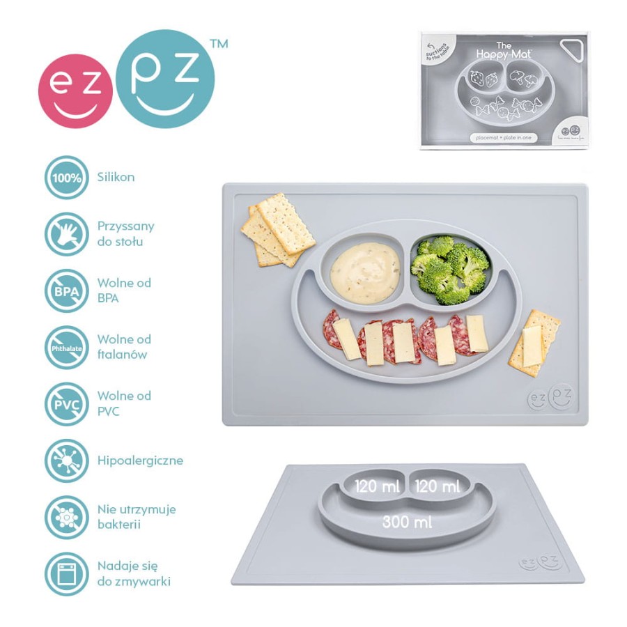 Silikonowy talerzyk z podkładką 2w1 Happy Mat pastelowa szarość / EZPZ