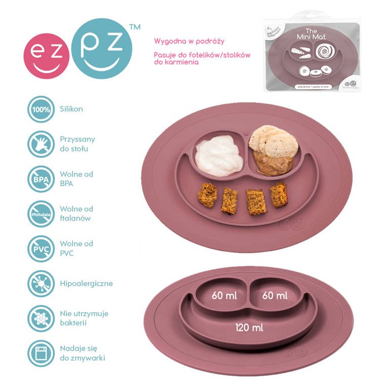 Silikonowy talerzyk z podkładką mały 2w1 Mini Mat Mauve /EZPZ