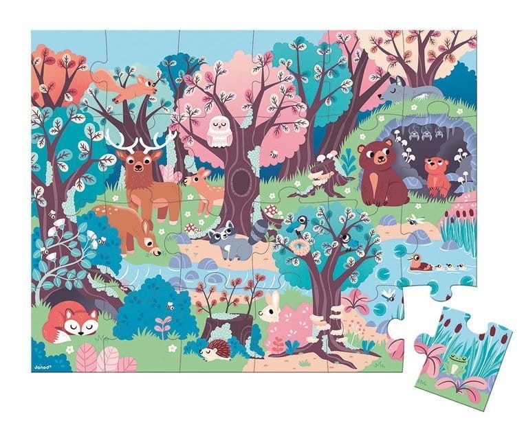 Świecące puzzle z mini-lampką UV Las 24 elementy 3+ / Janod