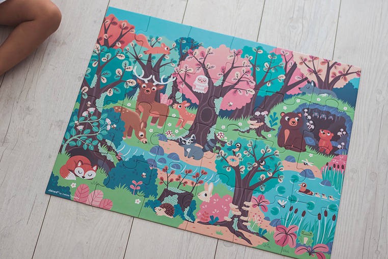 Świecące puzzle z mini-lampką UV Las 24 elementy 3+ / Janod