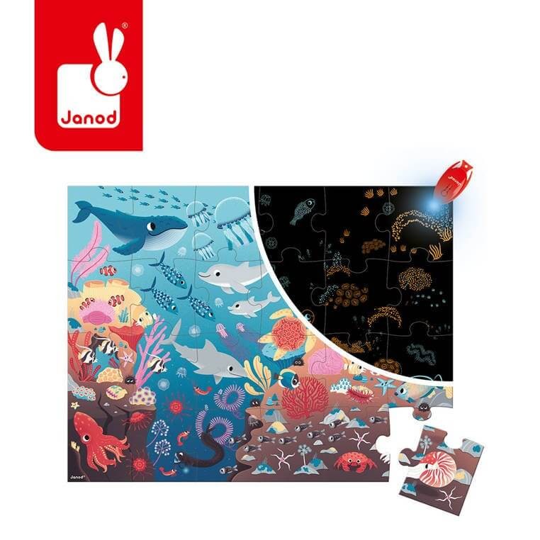 Świecące puzzle z mini-lampką UV Ocean 24 elementy 3+ / Janod