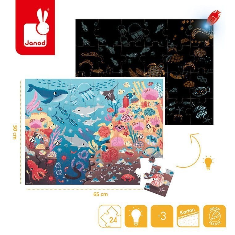 Świecące puzzle z mini-lampką UV Ocean 24 elementy 3+ / Janod