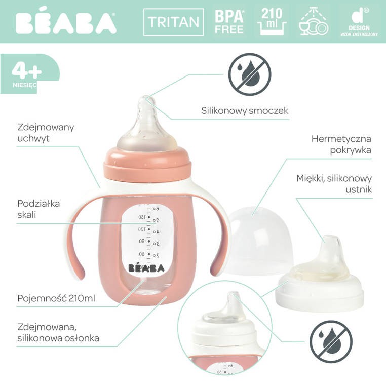 Szklana butelka treningowa w silikonowej osłonce 2w1 210 ml Old pink /Beaba