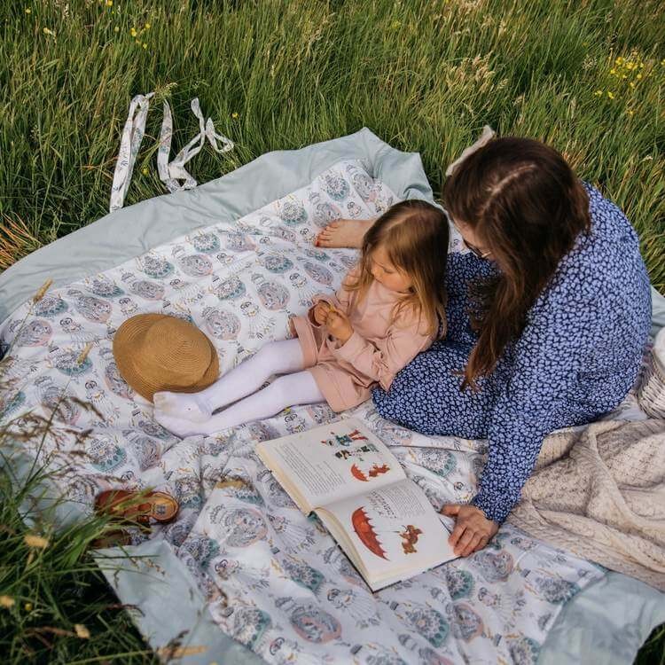 Koc piknikowy z kieszonką, mata do zabawy XXL 180x190 - MILANO MAGNOLIES, KHAKIA / La Millou