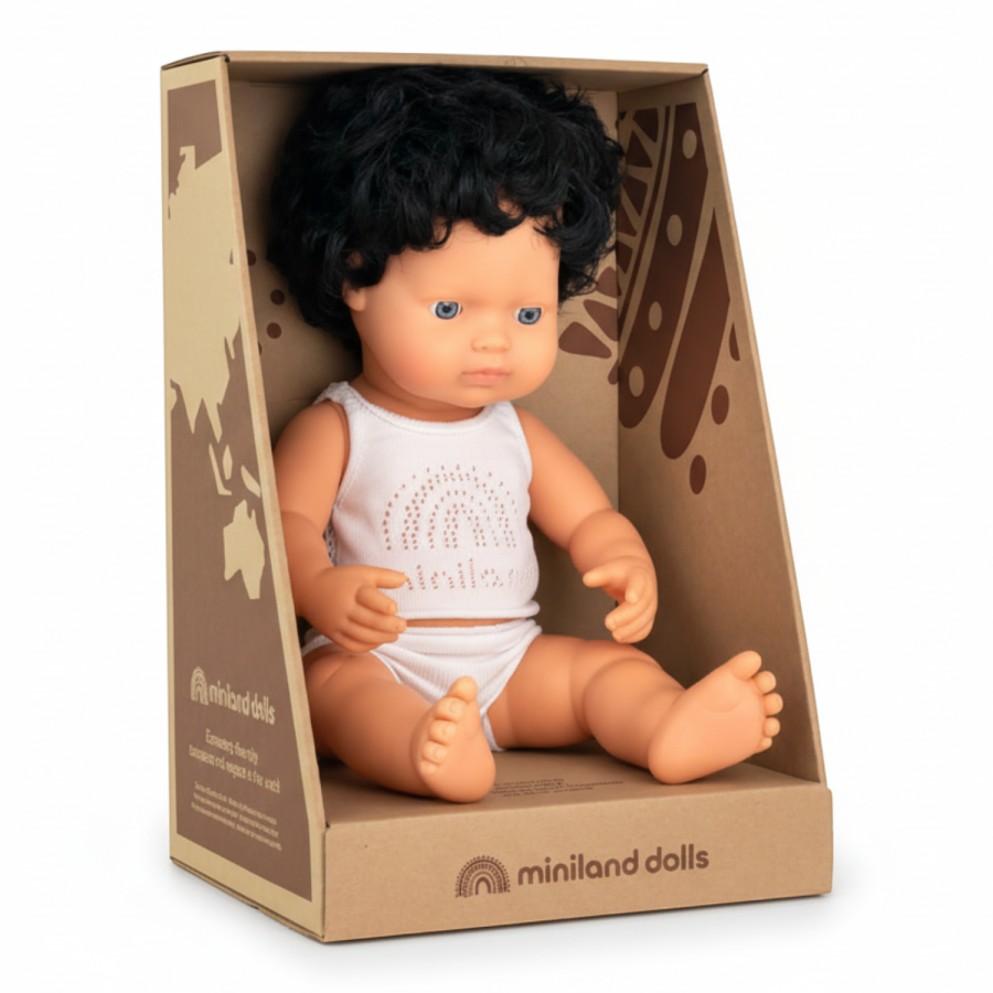 Lalka chłopiec Europejczyk czarne kręcone włosy 38cm Miniland Doll