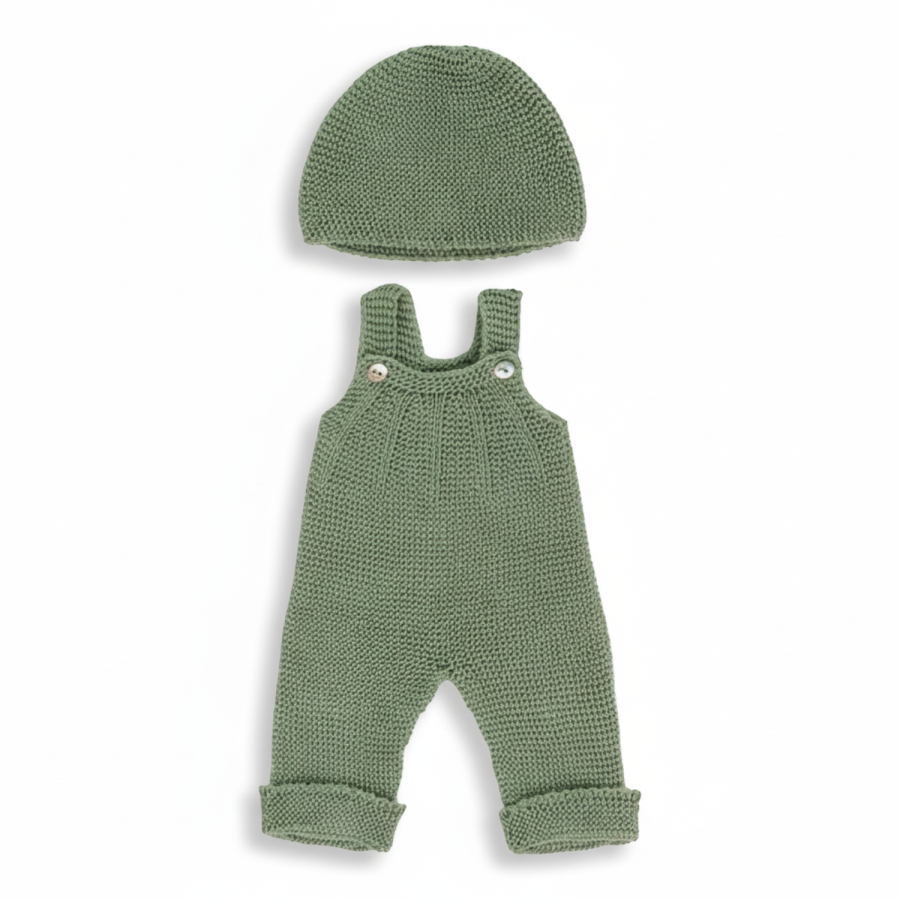 Dzianinowy zestaw dla lalki 38cm – Kombinezon i czapka beanie Miniland