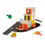 Drewniany garaż piętrowy z 4 akcesoriami Bolid 2+ / Janod