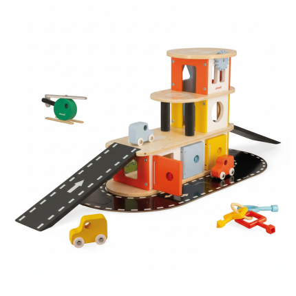 Drewniany garaż piętrowy z 4 akcesoriami Bolid 2+ / Janod J04636