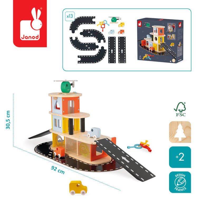 Drewniany garaż piętrowy z 4 akcesoriami Bolid 2+ / Janod