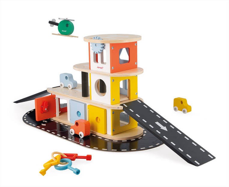 Drewniany garaż piętrowy z 4 akcesoriami Bolid 2+ / Janod