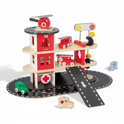 Drewniana remiza strażacka z 5 akcesoriami Bolid 2+ / Janod J04639