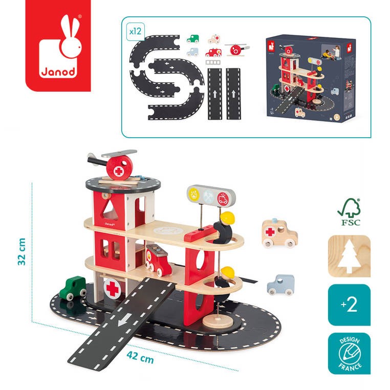 Drewniana remiza strażacka z 5 akcesoriami Bolid 2+ / Janod