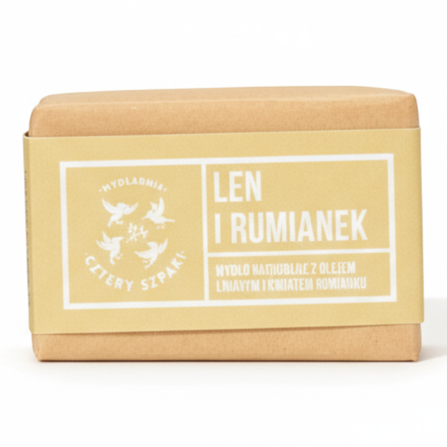 Naturalne mydło – Len i Rumianek 110g od urodzenia / Mydlarnia Cztery Szpaki