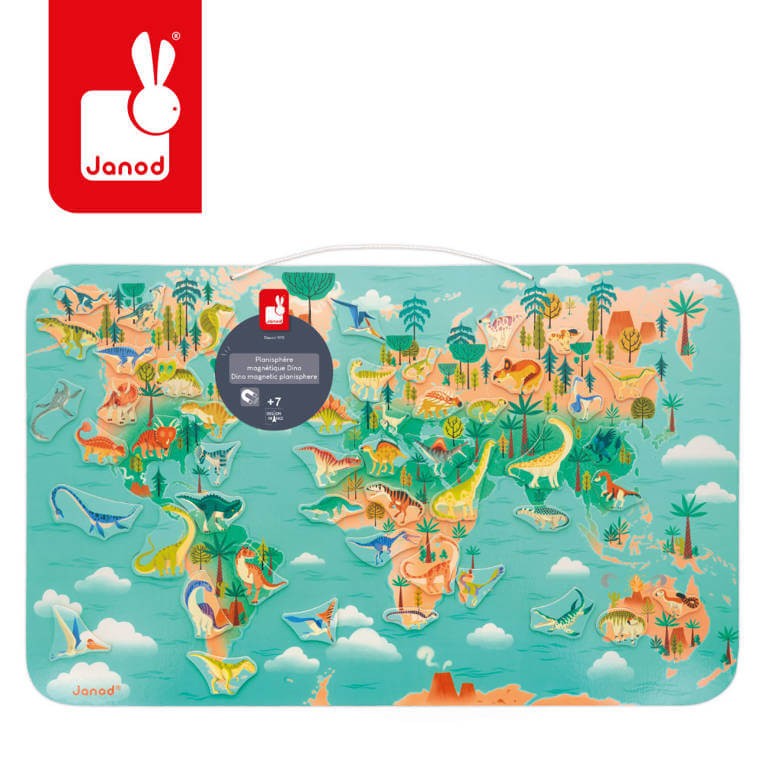 Układanka drewniana magnetyczna Mapa świata z 50 magnesami Dinozaury 7+ / Janod J05836
