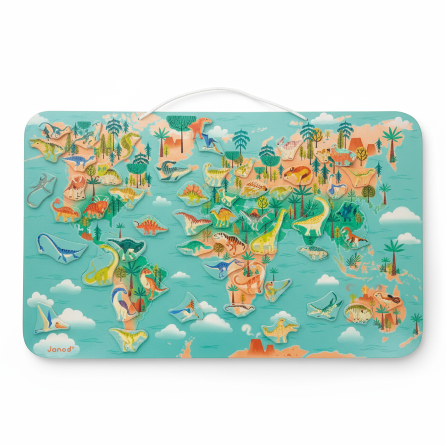 Układanka drewniana magnetyczna Mapa świata z 50 magnesami Dinozaury 7+ / Janod J05836
