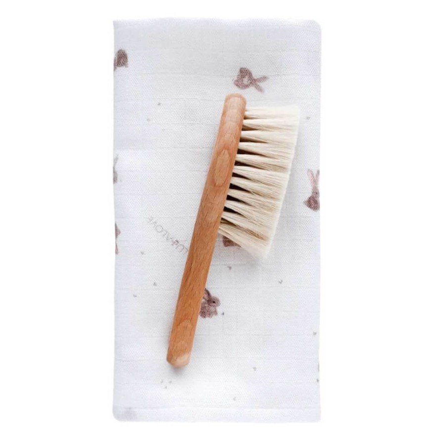 Miękka szczotka z koziego włosia z myjką muślinową -  beżowe króliczki / Lullalove