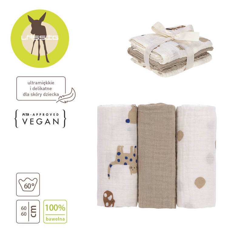 Muślinowy otulacz-kocyk z biobawełny 60x60cm - Little Mateys royal blue, 3 szt. / Lassig