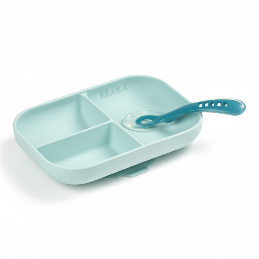 Komplet naczyń z silikonu trójdzielny talerz z przyssawką + łyżeczka Blue / Beaba