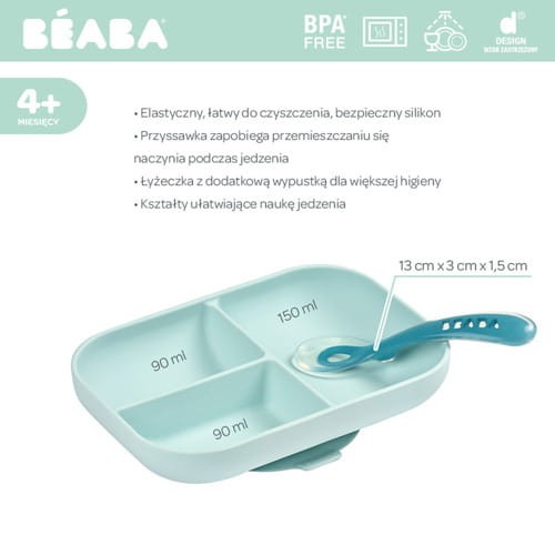 Komplet naczyń z silikonu trójdzielny talerz z przyssawką + łyżeczka Blue / Beaba