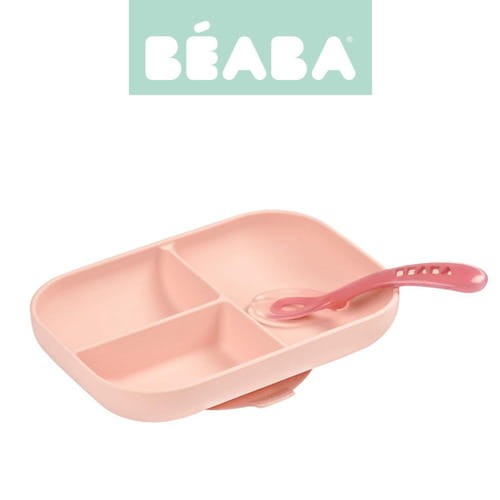 Komplet naczyń z silikonu trójdzielny talerz z przyssawką + łyżeczka Pink / Beaba