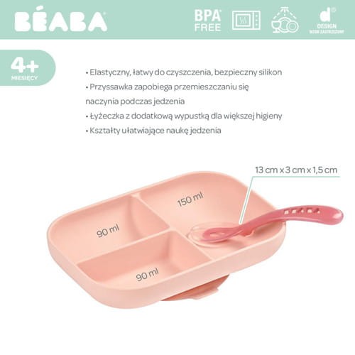 Komplet naczyń z silikonu trójdzielny talerz z przyssawką + łyżeczka Pink / Beaba