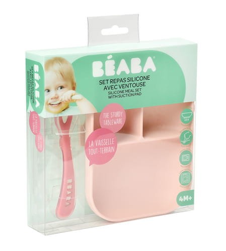 Komplet naczyń z silikonu trójdzielny talerz z przyssawką + łyżeczka Pink / Beaba