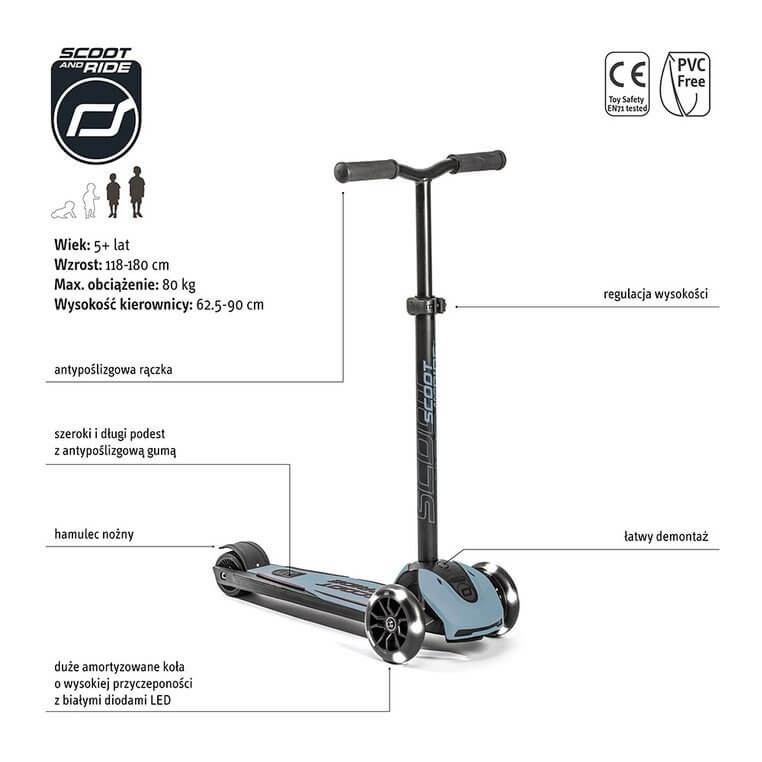 Highwaykick 5 LED Hulajnoga trójkołowa balansowa ze świecącymi kółkami 5+ Steel / Scootandride